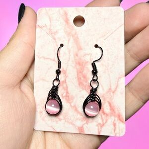 Black Wire Wrapped Pink Cat’s Eye Earrings | Teardrop Dangle